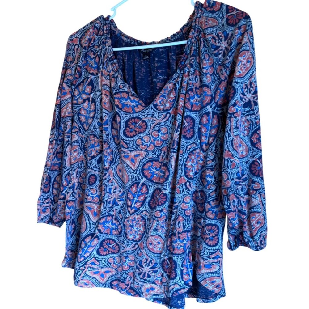 Lucky Brand Womens Paisley Bohemian Blouse With Tie Neck & Elastic Sleeves L